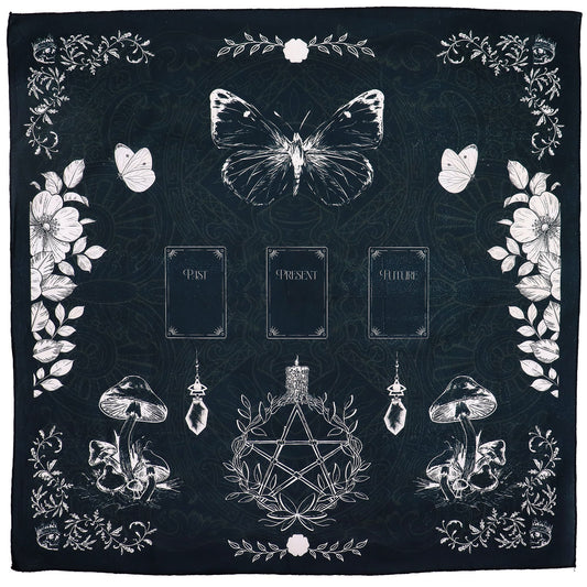 Tarot reading cloth with a witchy design featuring butterflies, mushrooms, and a pentagram.