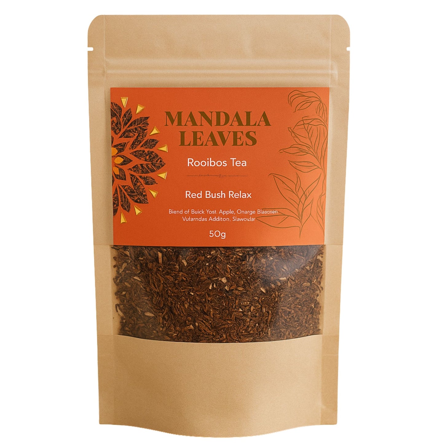 A 50g bag of Mandala Leaves Rooibos Tea, Red Bush Relax blend.