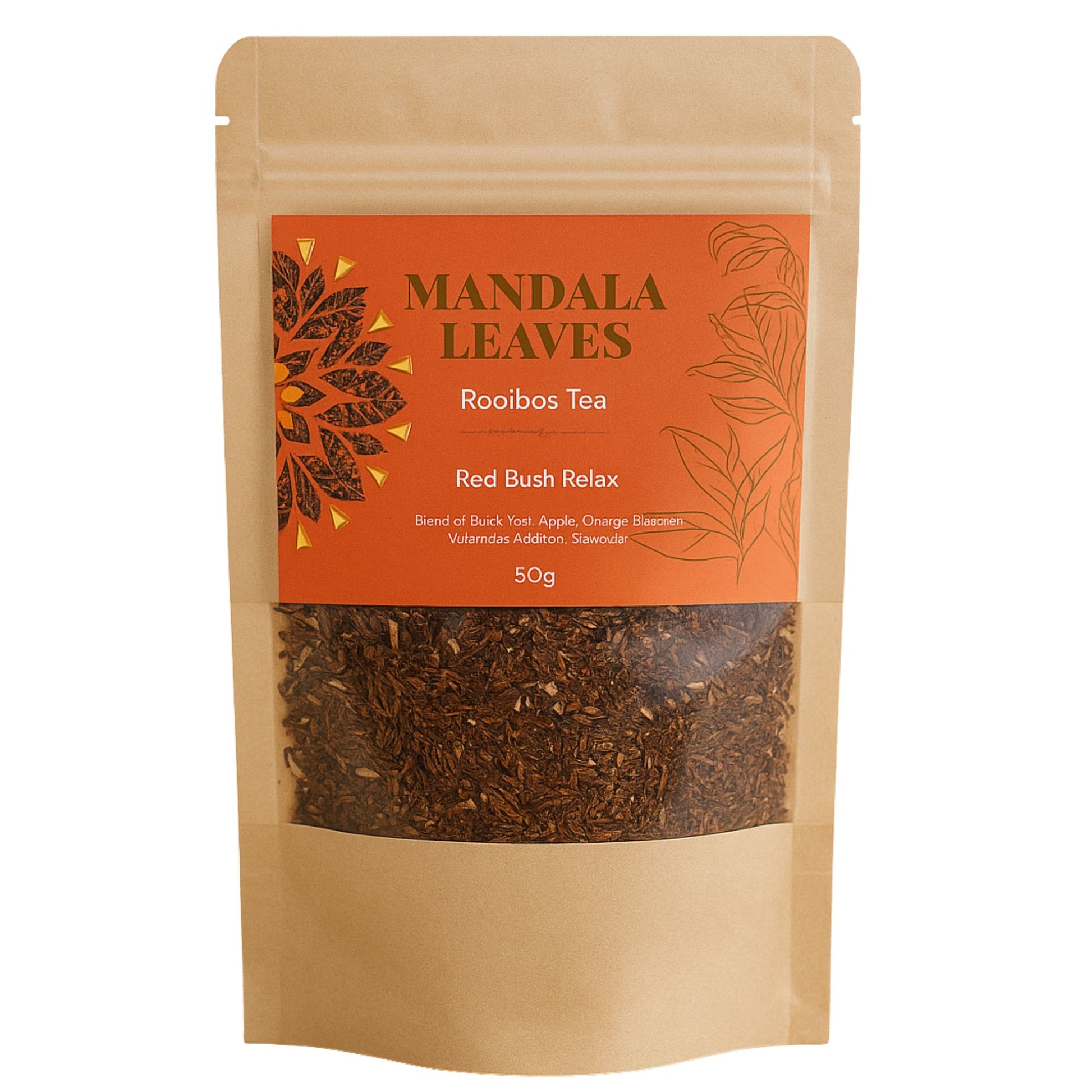 A 50g bag of Mandala Leaves Rooibos Tea, Red Bush Relax blend.
