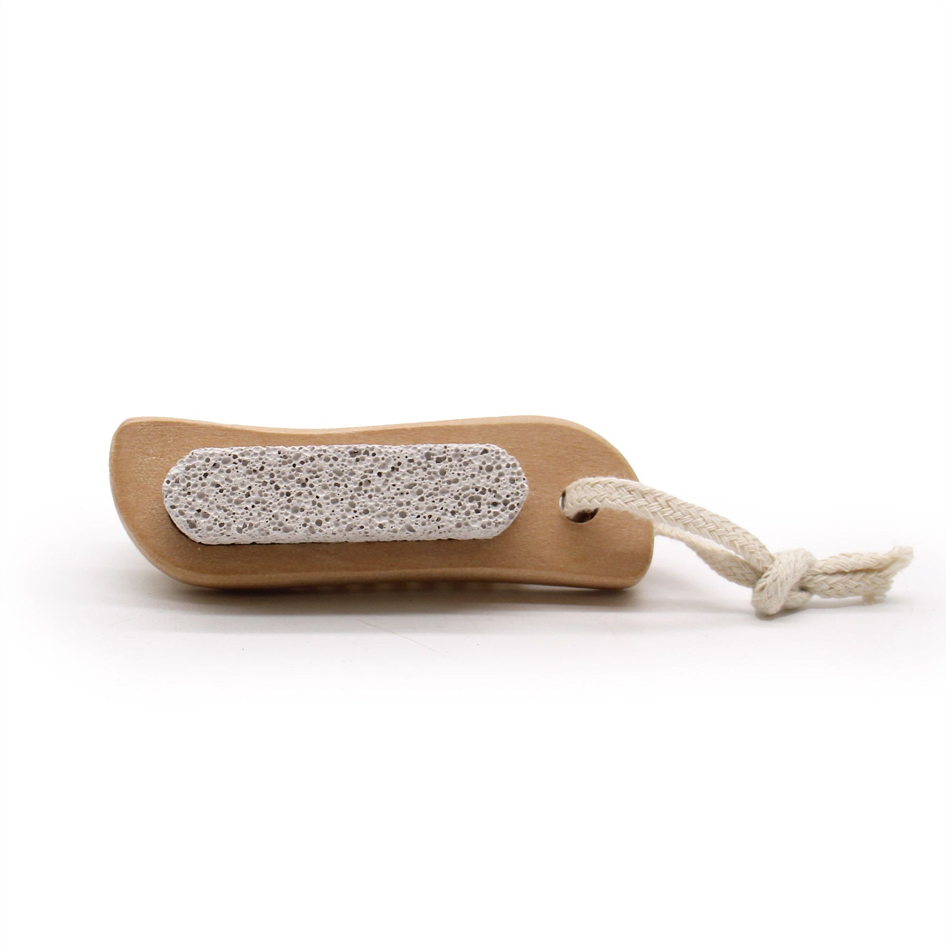 Wooden foot brush with pumice stone and rope loop.