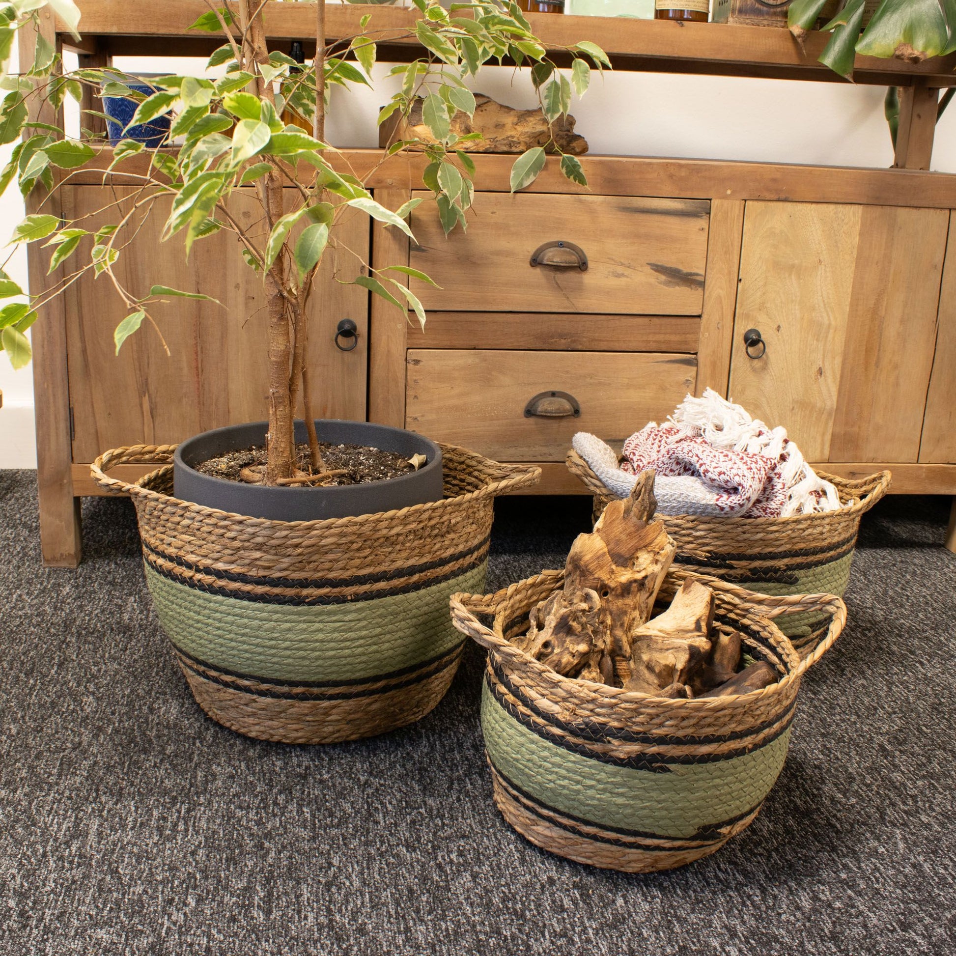 Set of 3 natural seagrass baskets with green and black bands.
