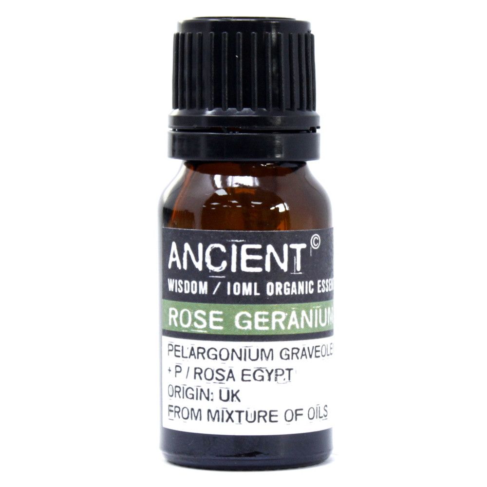 Eine 10ml Flasche Ancient Wisdom Rose Geranium Bio-Öl.