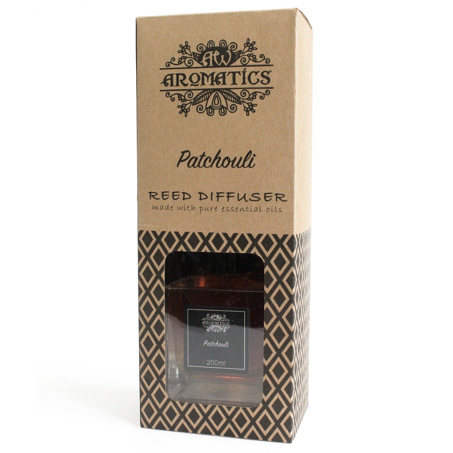 200ml Patchouli Reed Diffuser in a brown glass bottle with a cardboard box.
