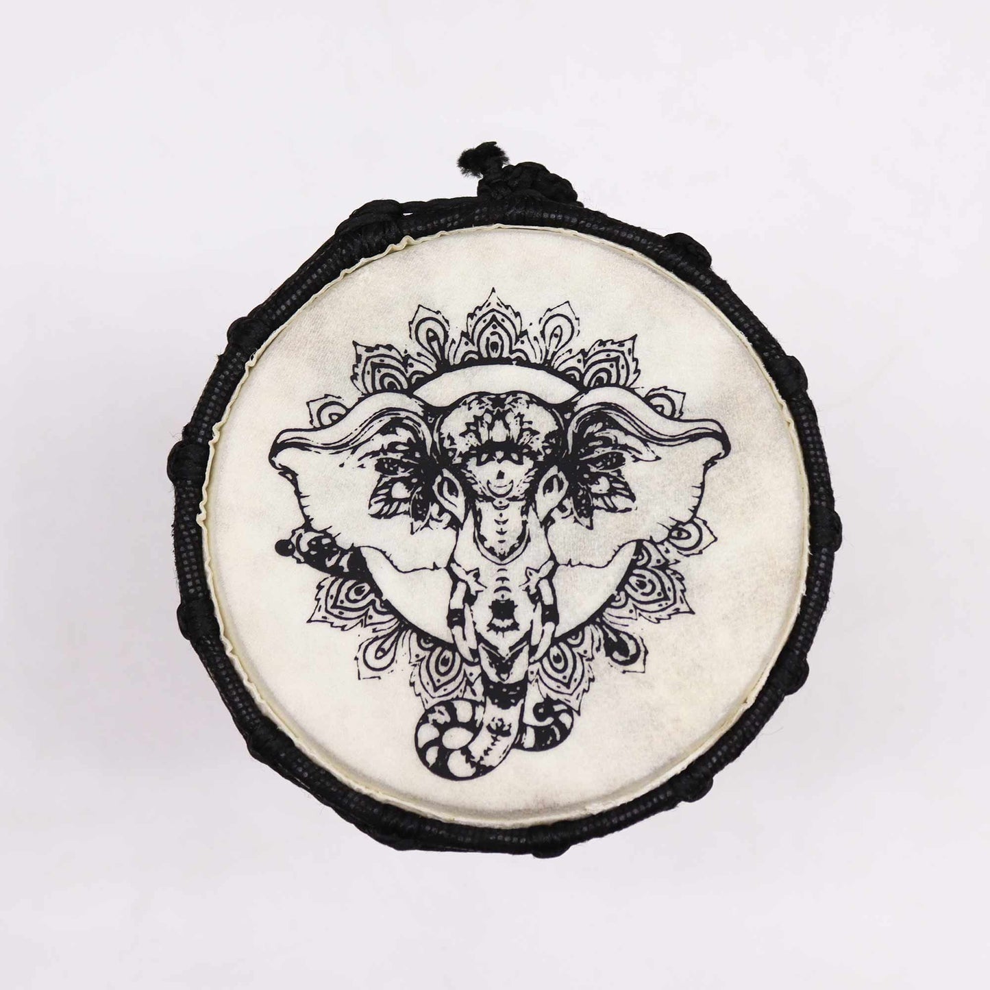 Handmade djembe drum with an elephant motif and black rope trim.