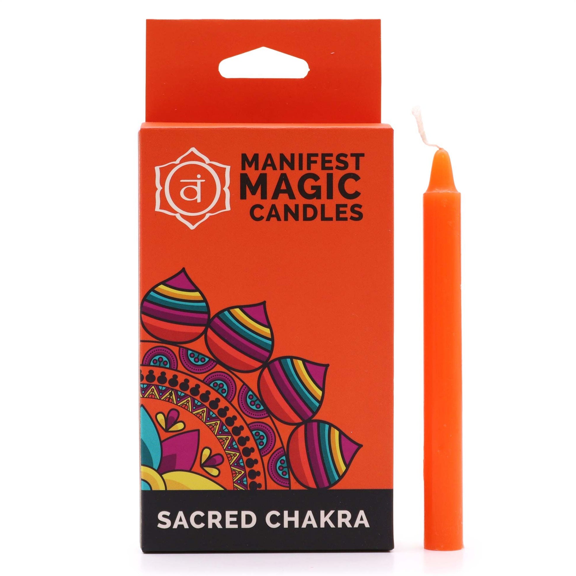 Orange Sacral Chakra manifestation candle in a box with chakra symbols.
