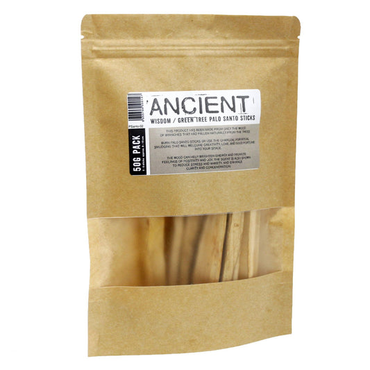 50g pack of Palo Santo sticks in a brown paper bag with a clear window.