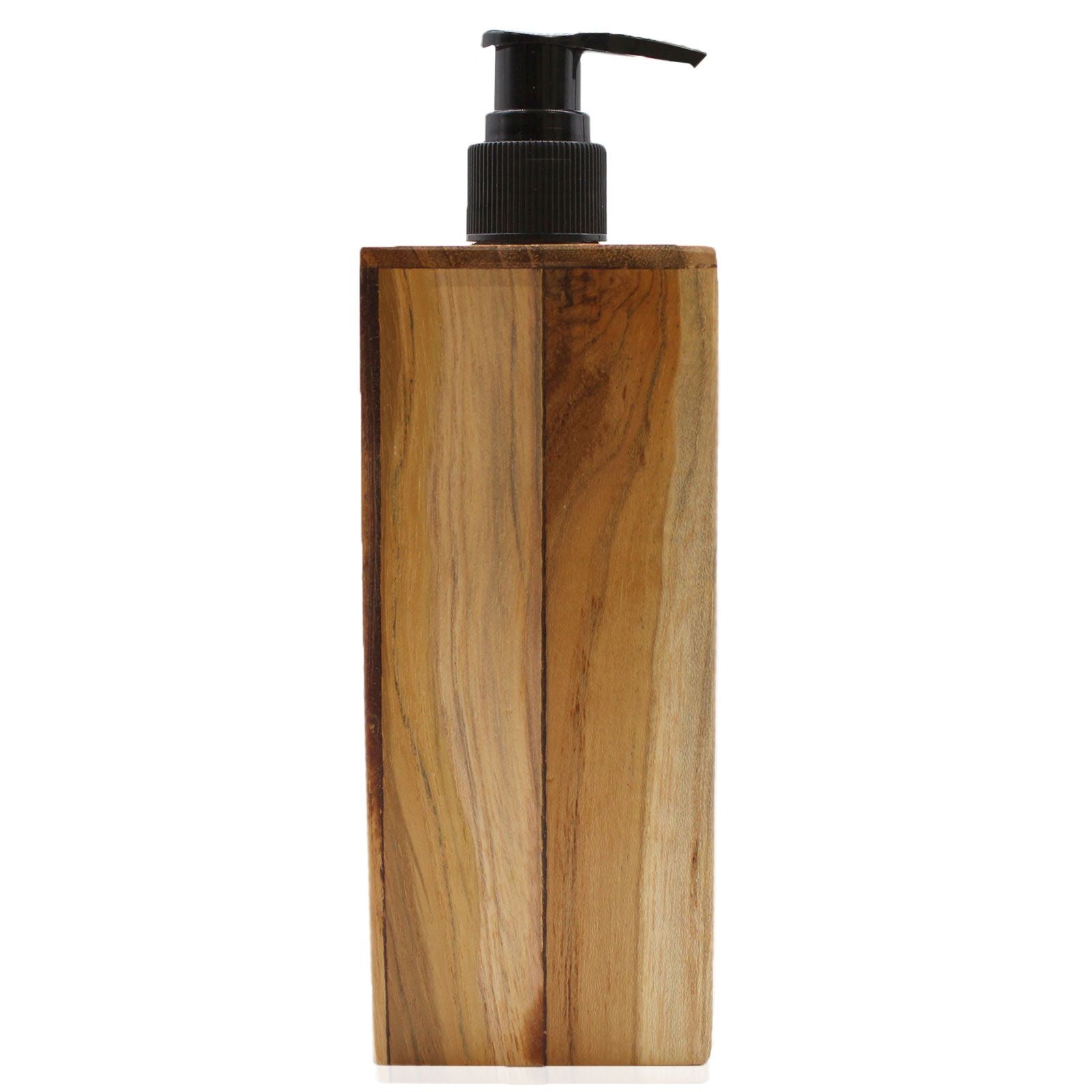 Natural teakwood square soap dispenser with a black pump.