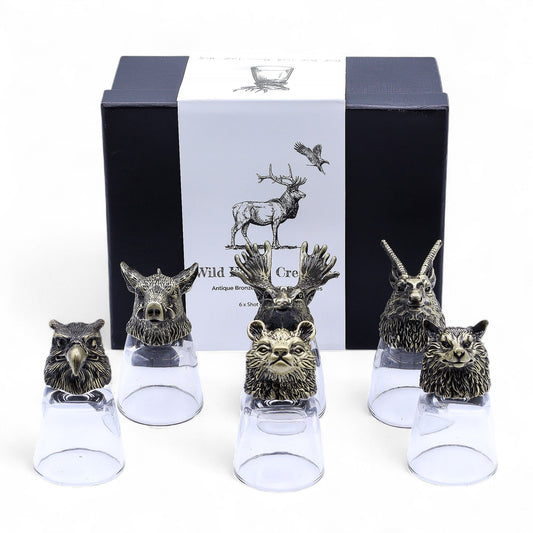 Geschenkset mit 6 Shot-Gläsern (50ml) im Antiklook mit Waldtier-Motiven.