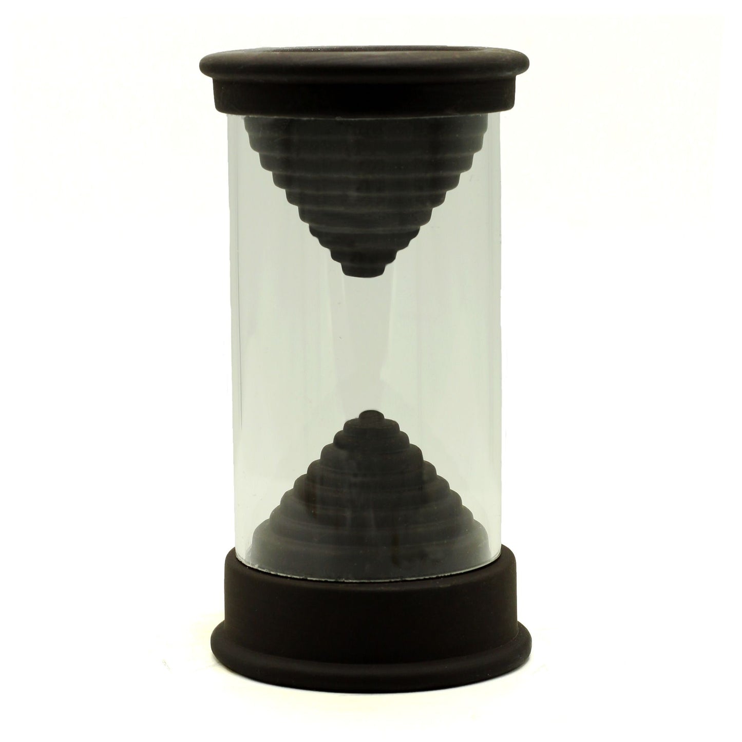 Räucherhalter mit zwei konischen Ebenen aus dunklem Material in einem Glaszylinder.