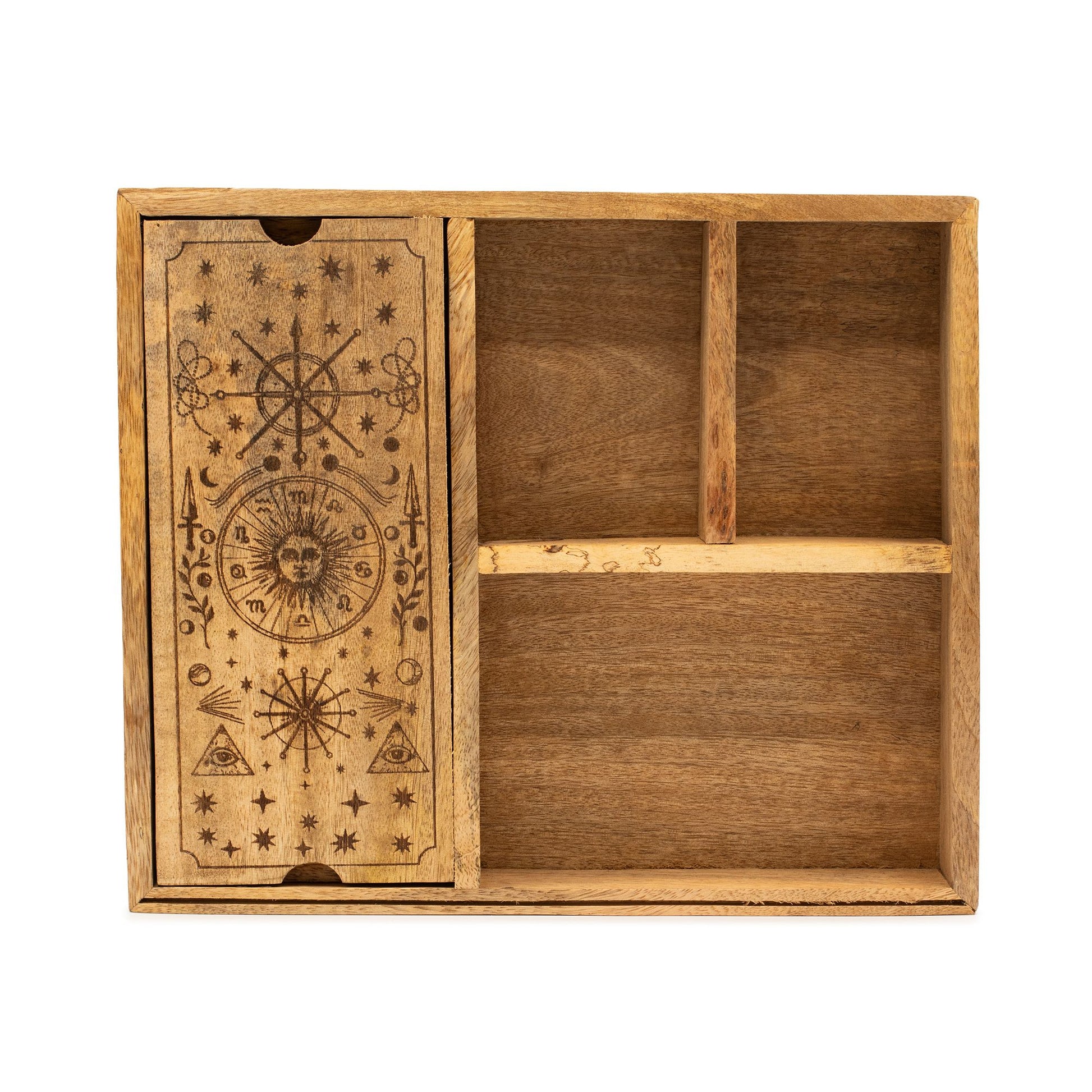 Holzbox mit Tarot-Motiv und vier Fächern.