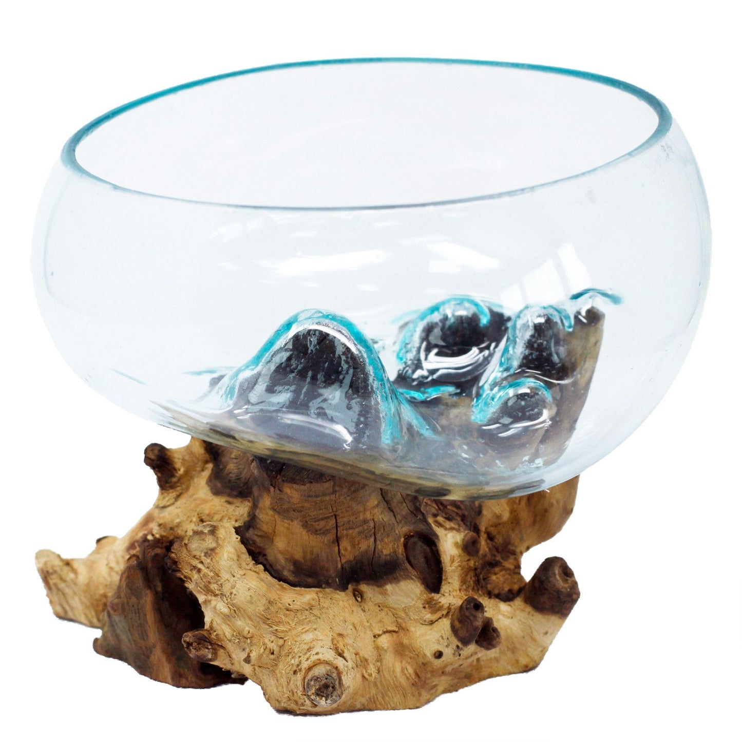 Mundgeblasene Glas-Schale auf Wurzelholz-Sockel mit blauen Akzenten.