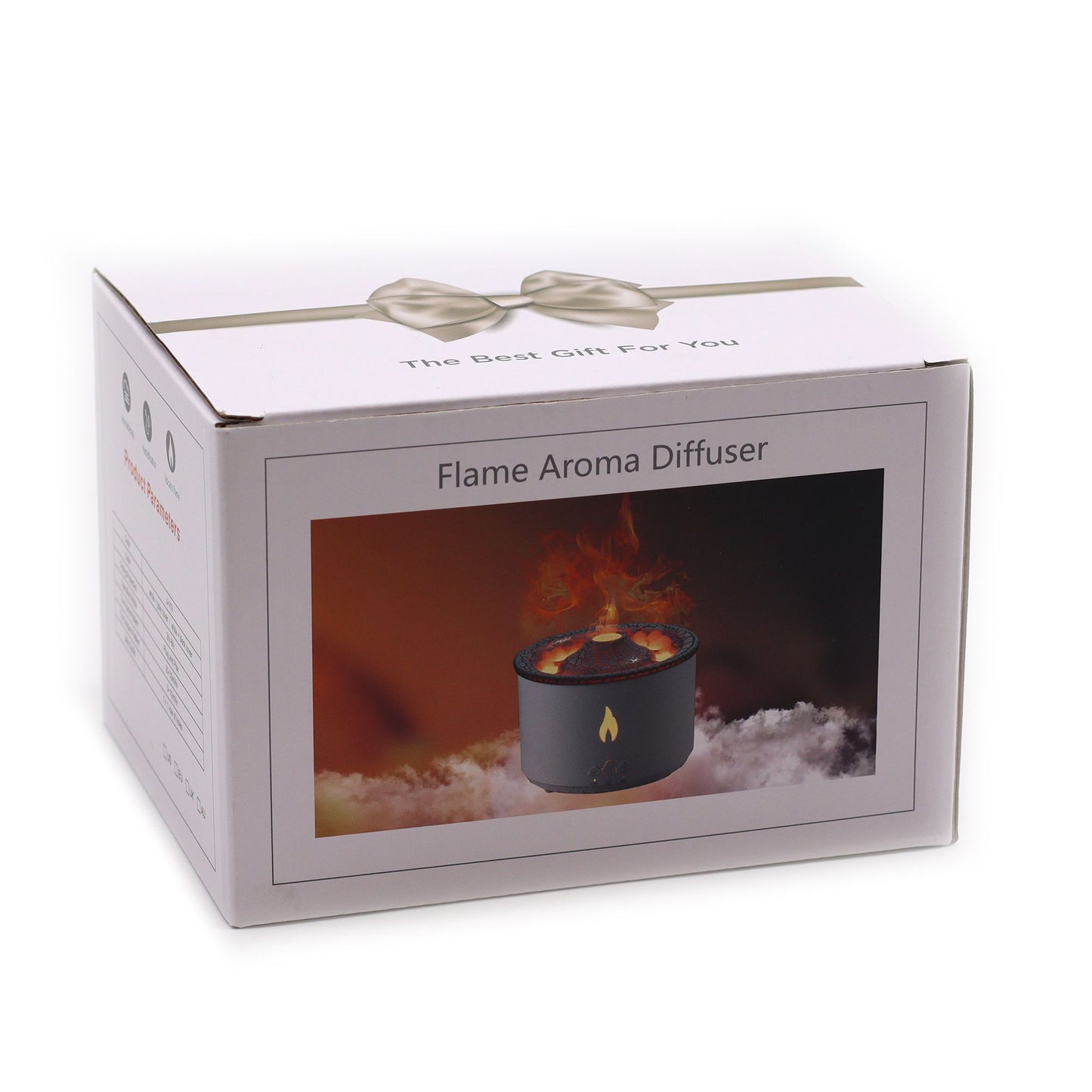 A white box with a ribbon and bow, advertising a flame aroma diffuser.