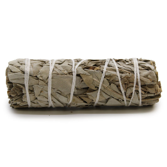 Ein Smudge Stick aus weißem Salbei, ca. 10 cm lang, gebunden mit weißem Garn.