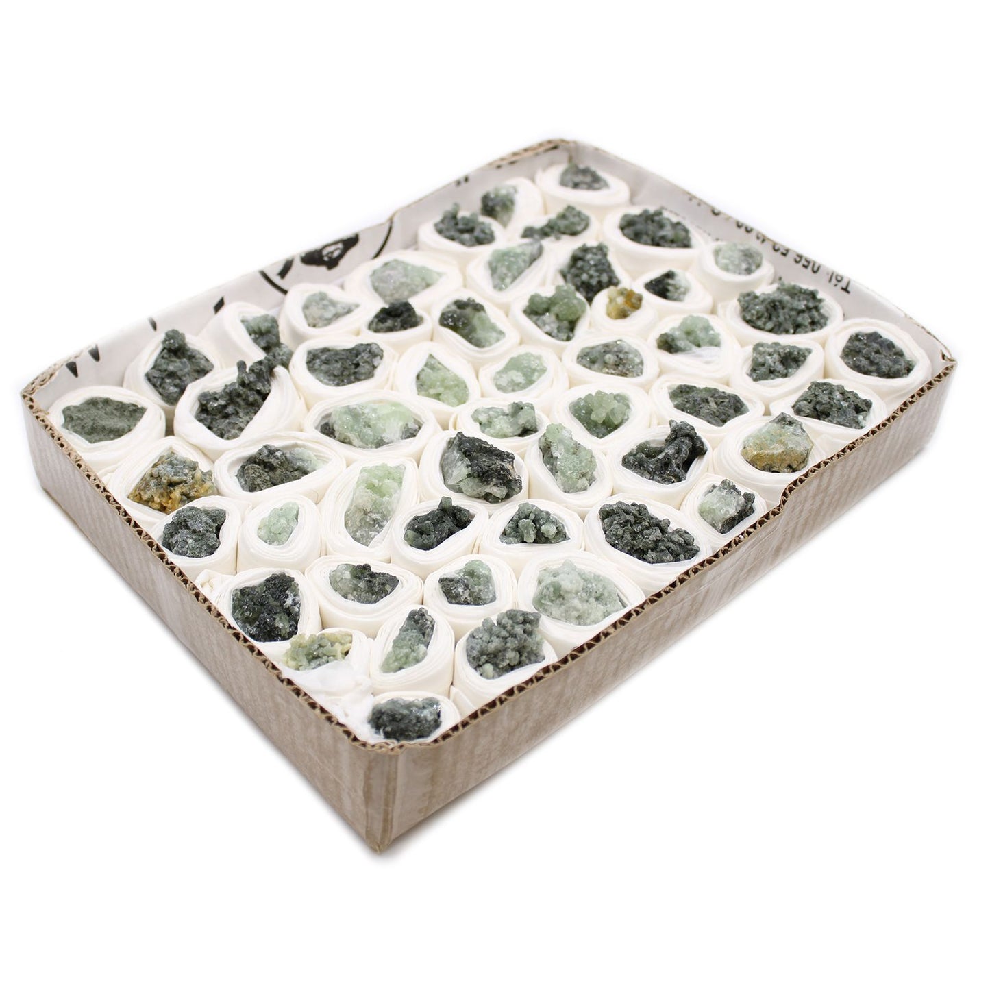 A tray of approximately 100 small, raw green and yellow prehnite stones.