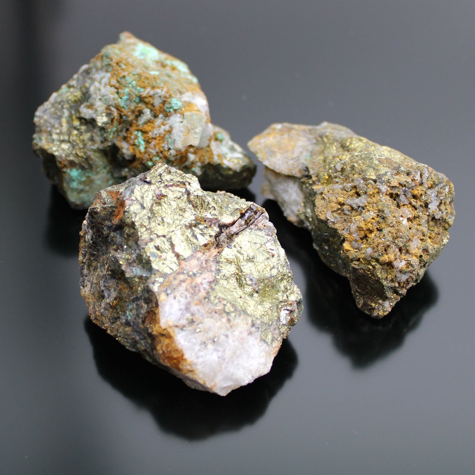 Drei rohe Chalkopyrit-Mineralien mit goldenem Glanz und türkisfarbenen Einschlüssen.