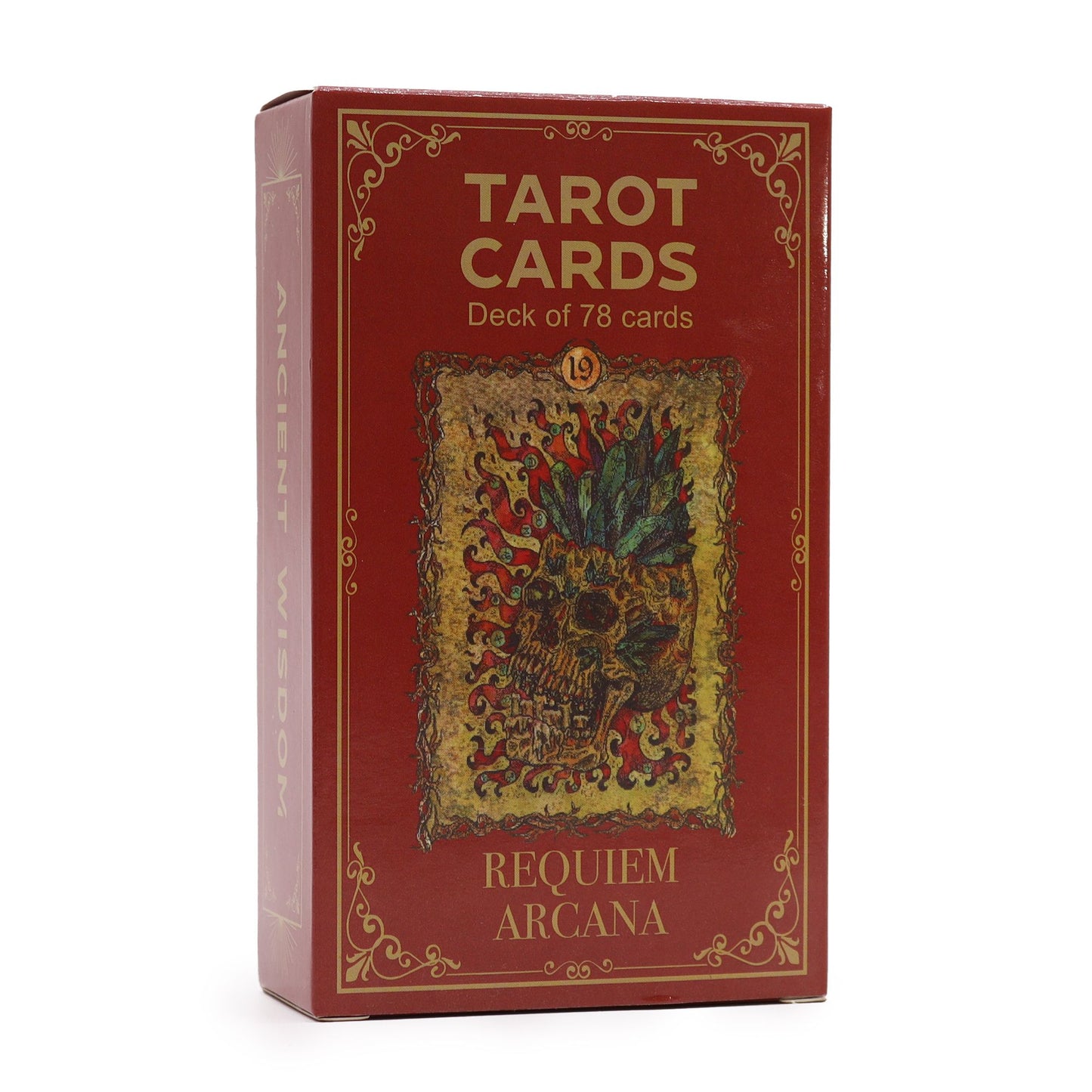 Rote Tarotkartenbox mit Totenkopf-Illustration und dem Titel "Requiem Arcana".