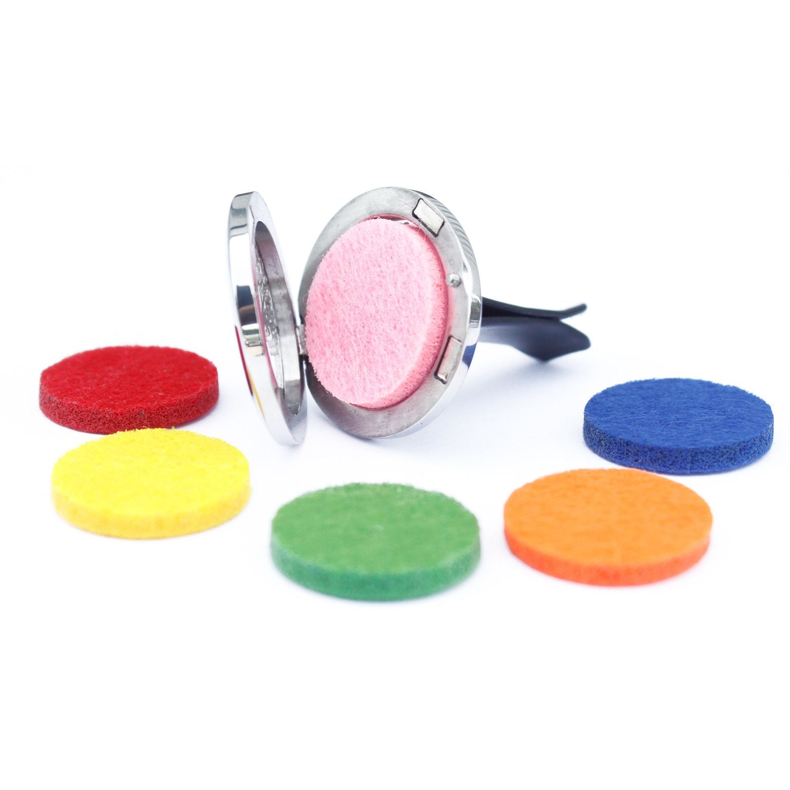 Auto-Aroma-Diffuser mit bunten Filz-Pads und Lebensblumen-Design.