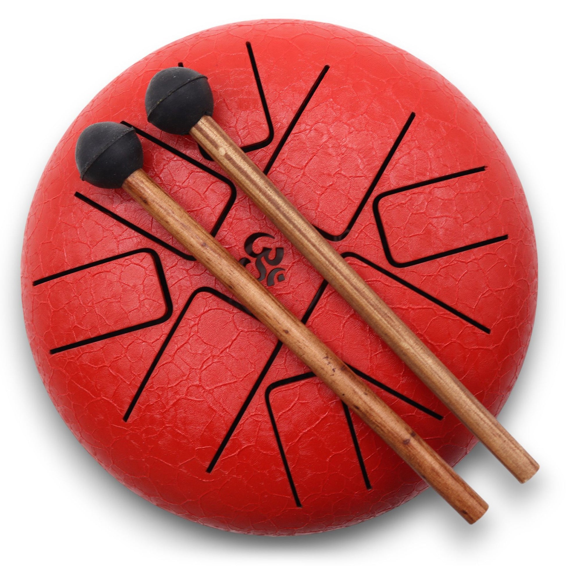 Rote Stahlzungentrommel mit zwei Holzschlägeln und Om-Symbol.