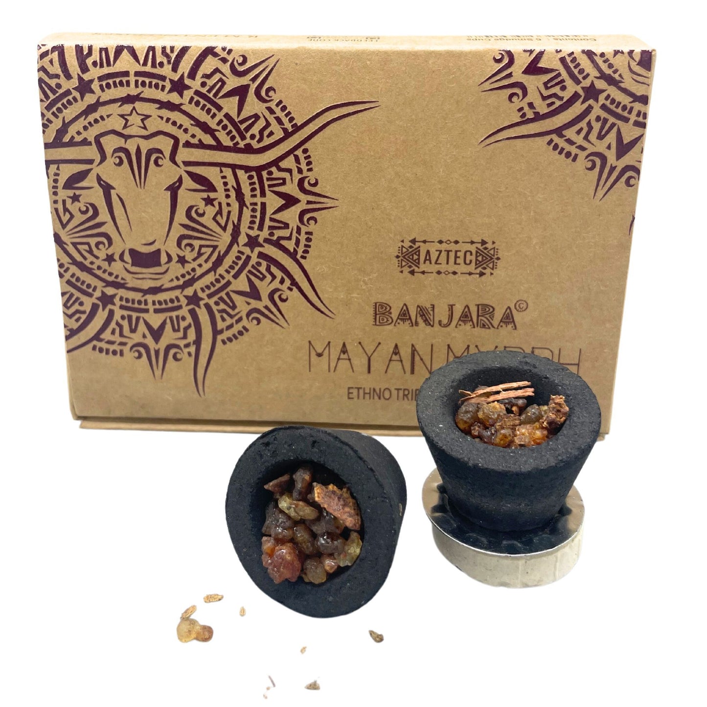 Räucherharz-Cups mit Myrrhe in einem Karton mit aztekischem Design.