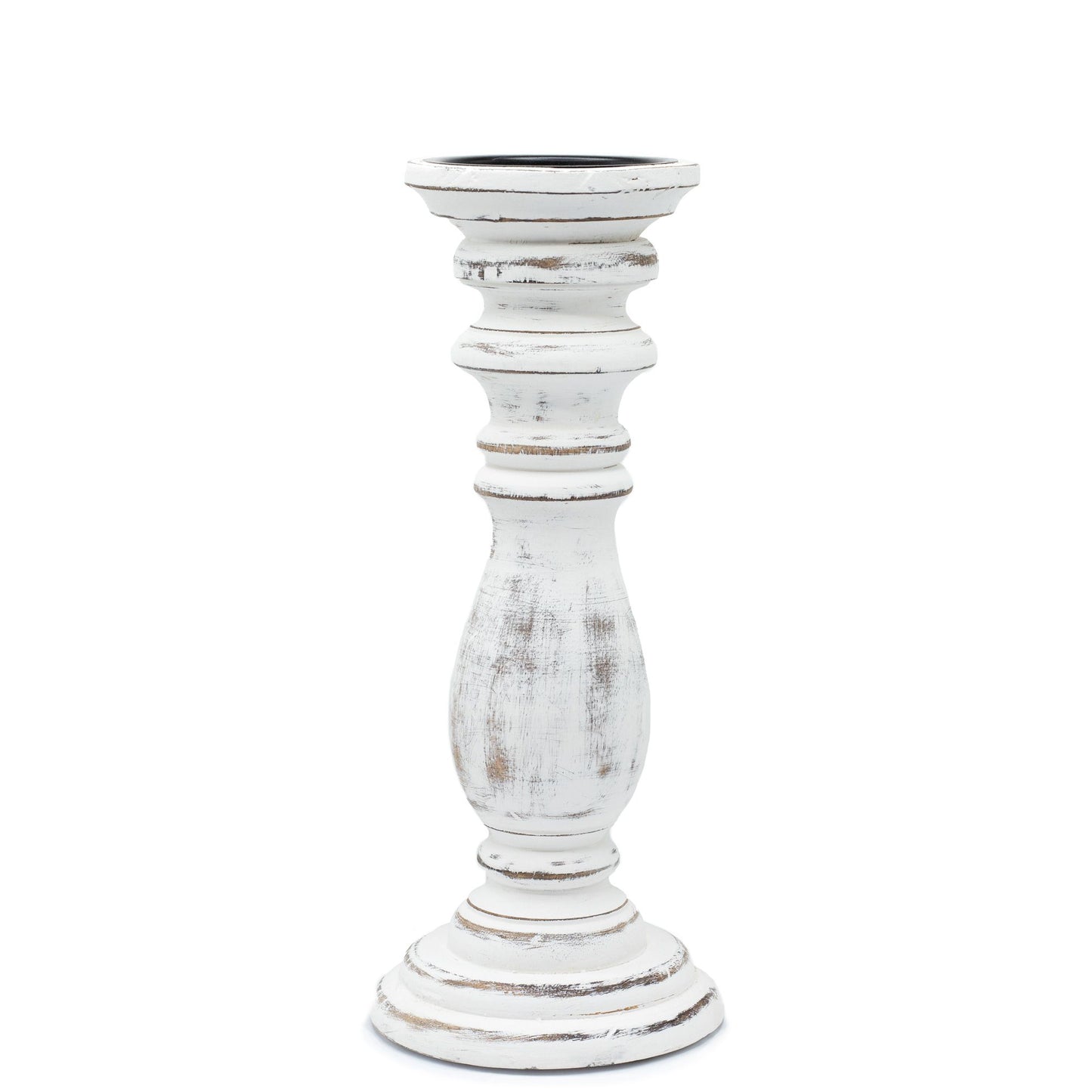 Mittelgroßer Holz-Kerzenständer in White-Wash-Optik mit Vintage-Charme.