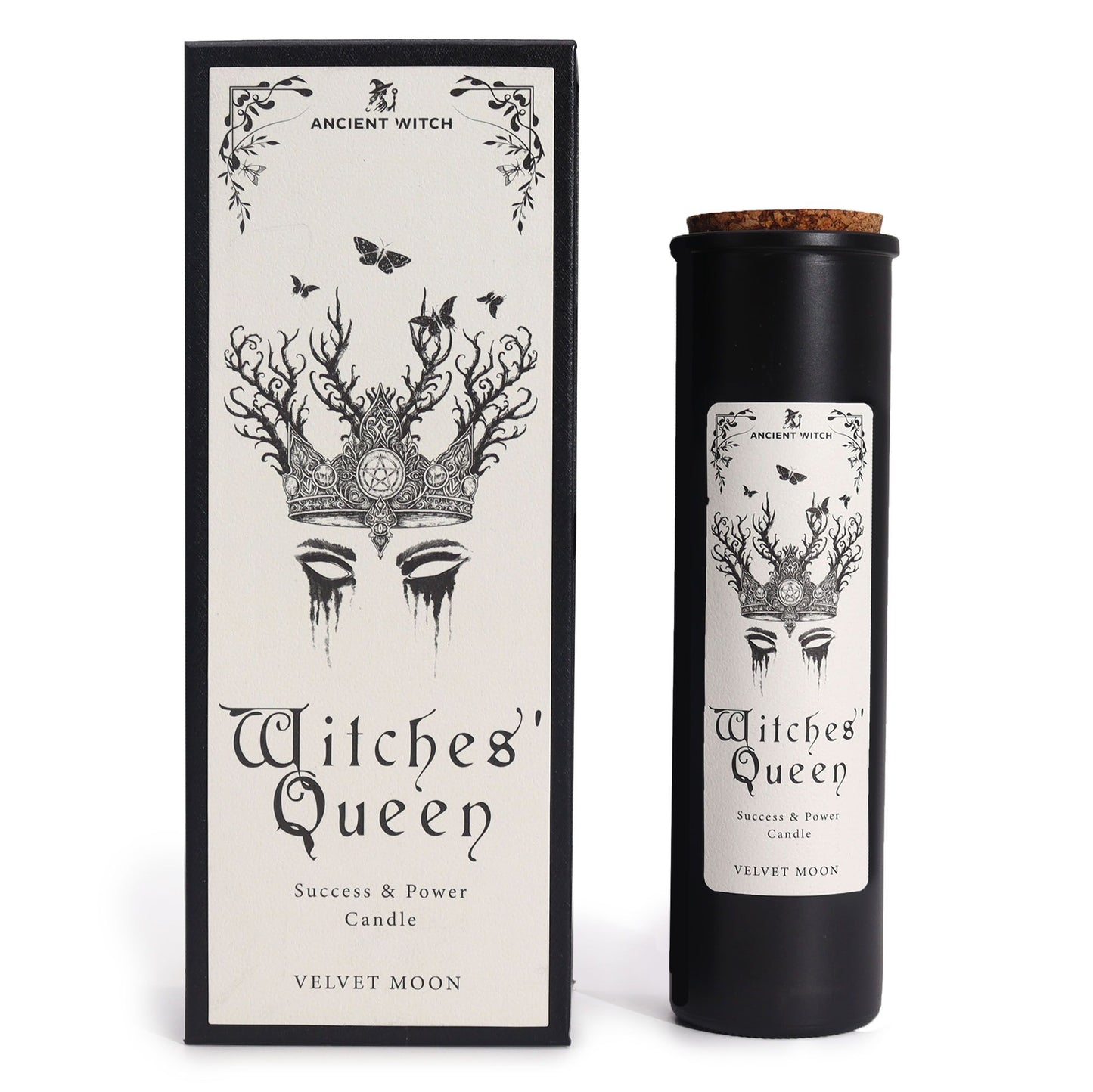 A black candle in a bottle with a cork lid, featuring a Witches' Queen label.