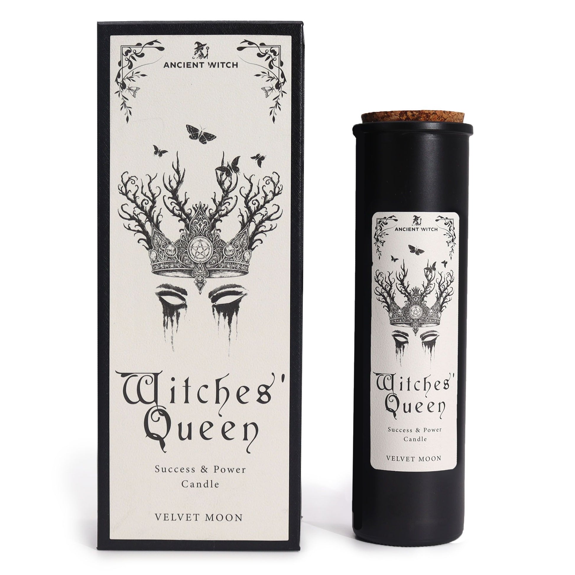 A black candle in a bottle with a cork lid, featuring a Witches' Queen label.