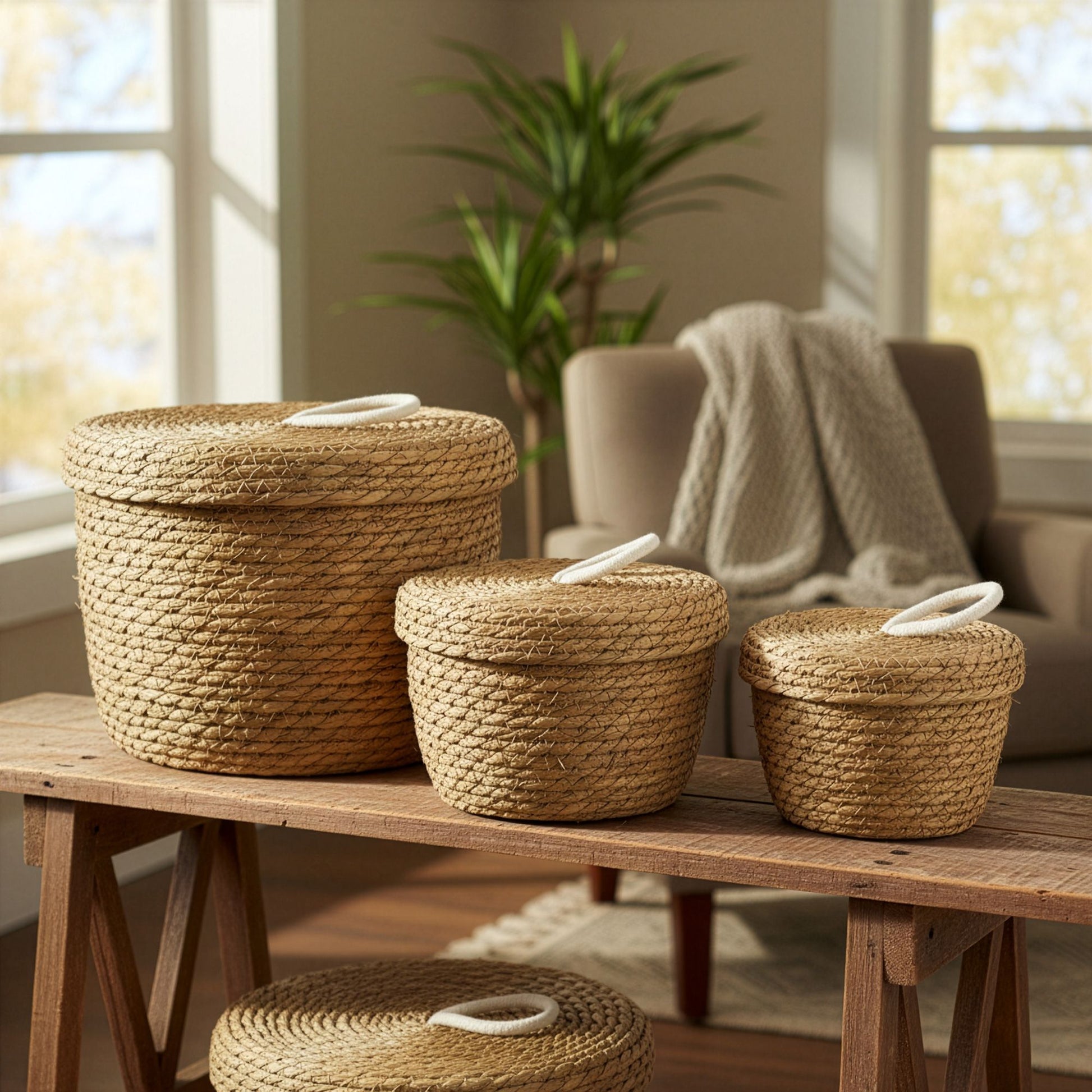 Set of 3 natural seagrass and cotton round baskets with lids.