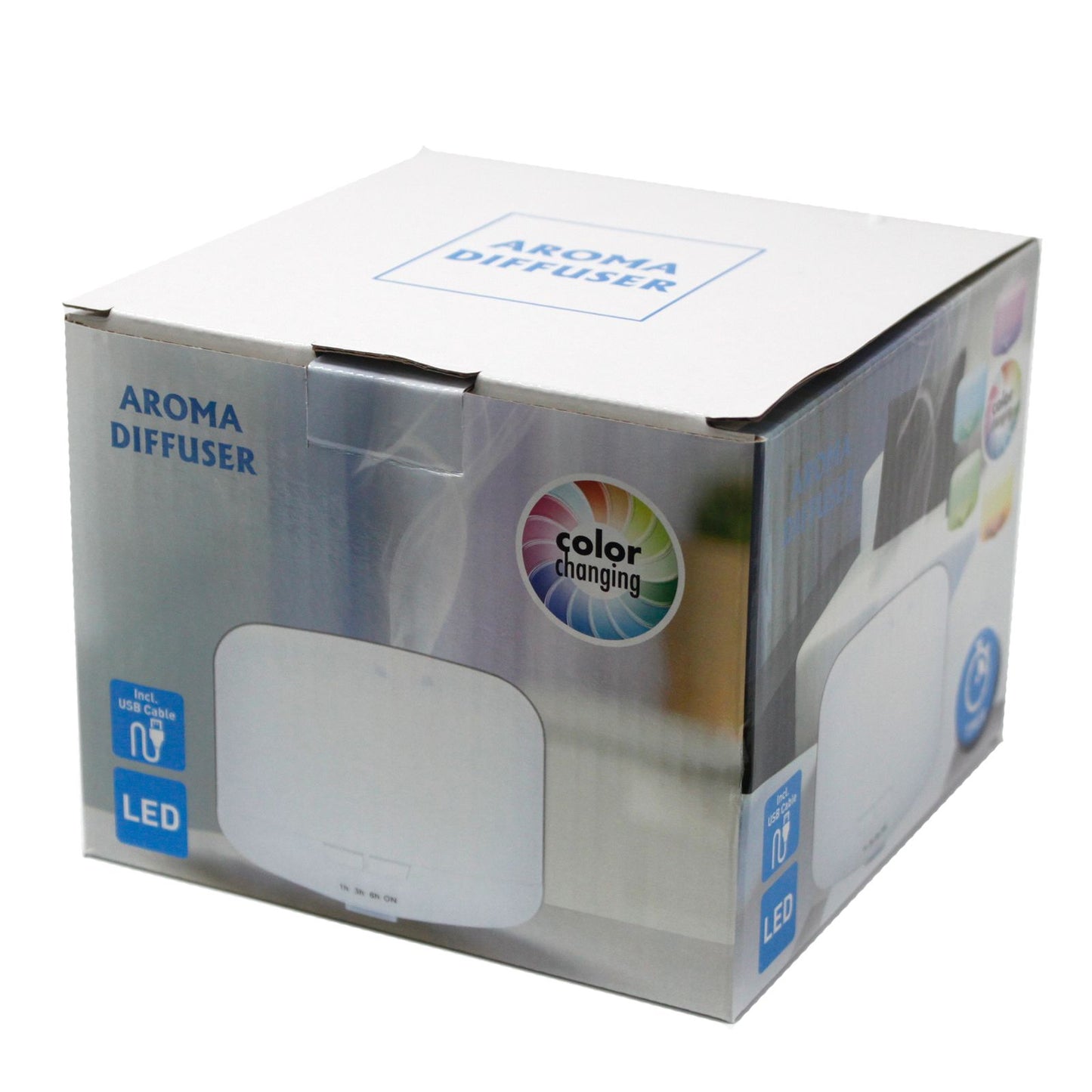 Aroma diffuser box with "Aroma Diffuser" text and color changing logo.