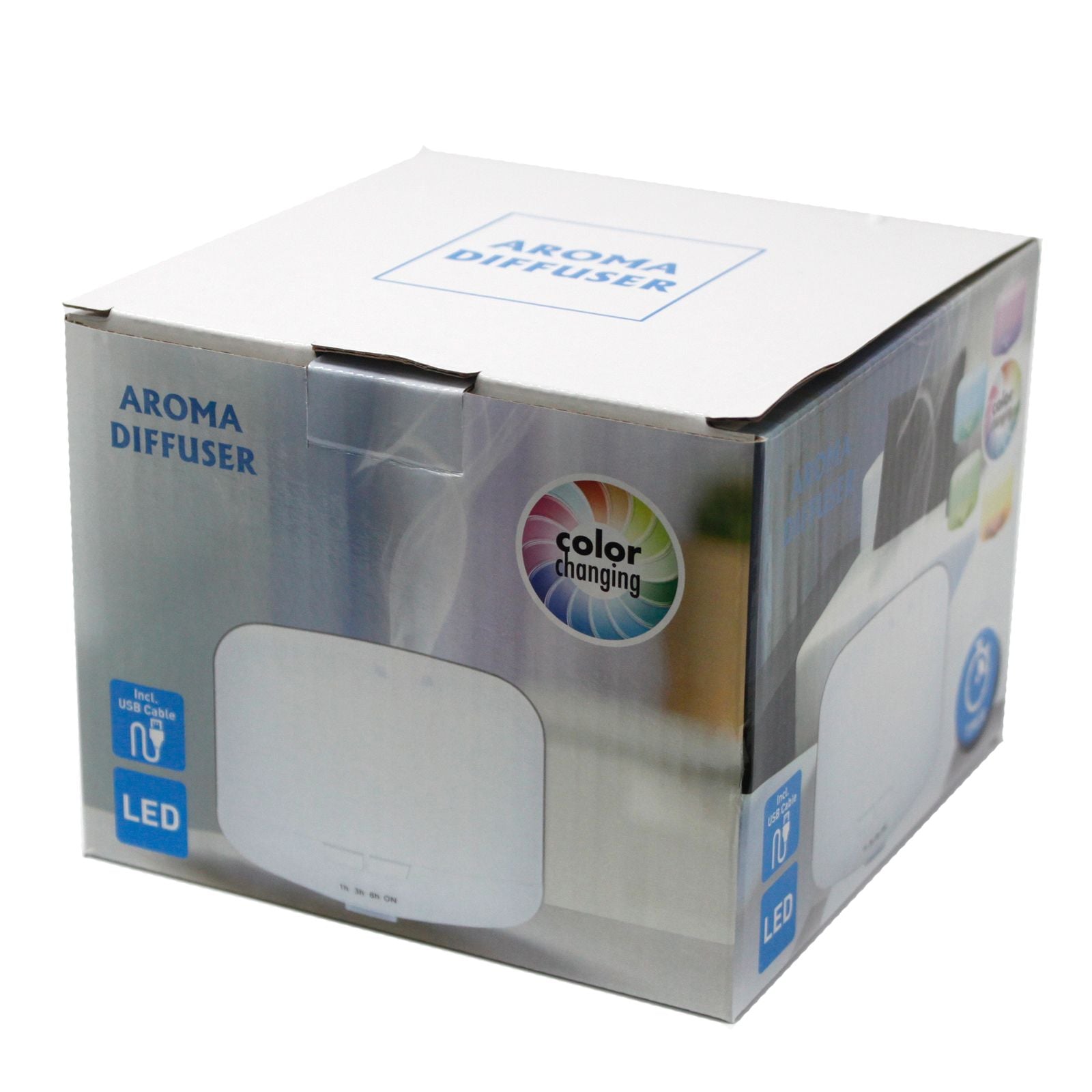 Aroma diffuser box with "Aroma Diffuser" text and color changing logo.