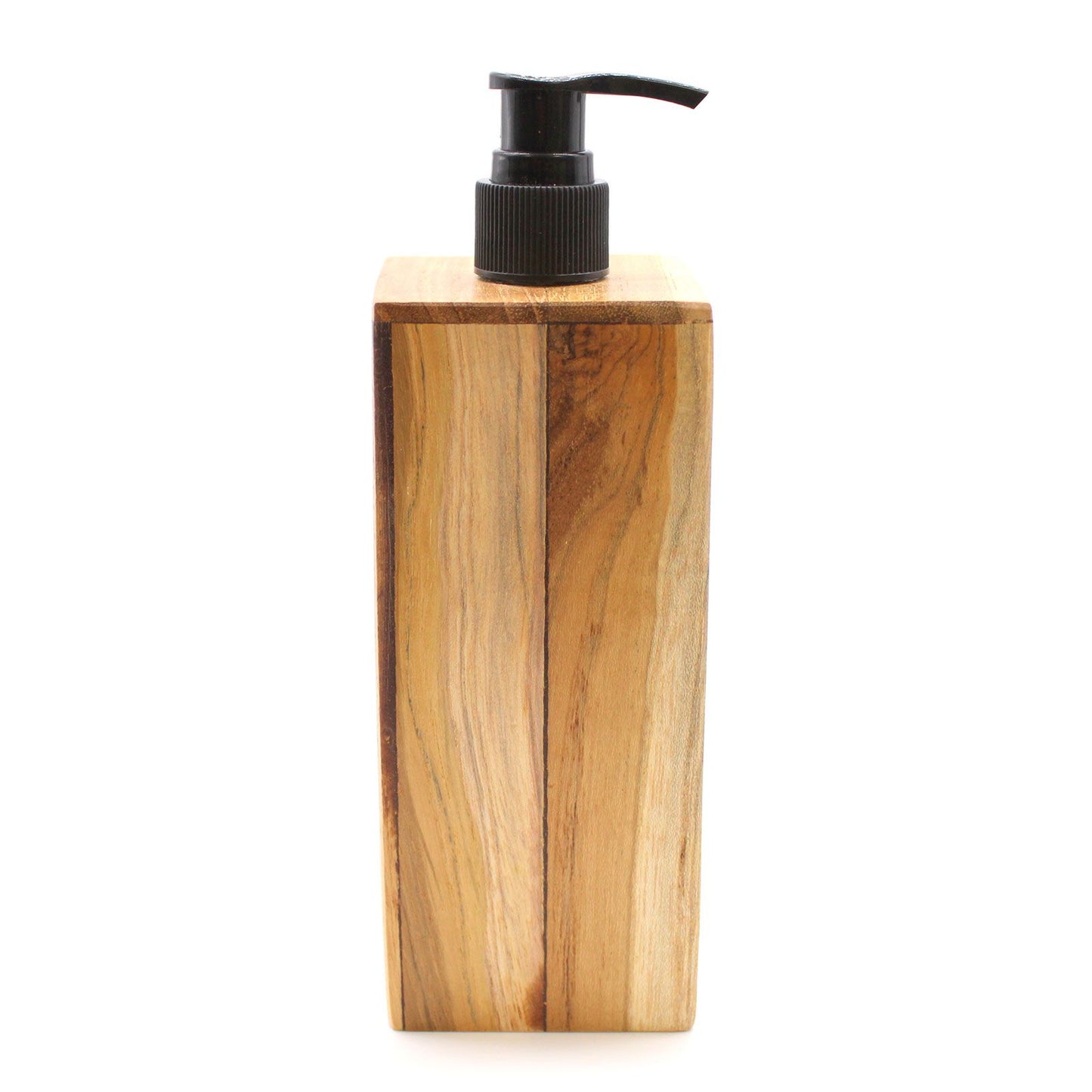 Natural teakwood square soap dispenser with a black pump.