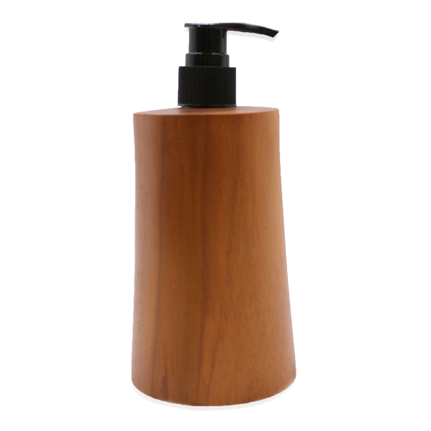 Natural teakwood soap dispenser with a black pump.