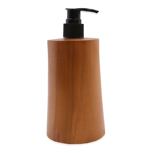 Natural teakwood soap dispenser with a black pump.