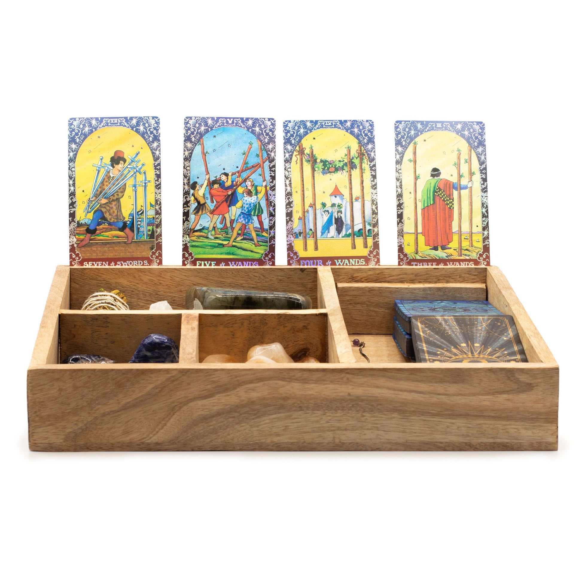 Tarot-Aufbewahrungsbox aus Mangoholz mit 4 Fächern und Kartenhalter.