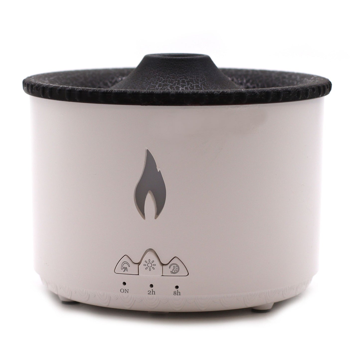 A white aroma diffuser with a black textured top and a flame design.