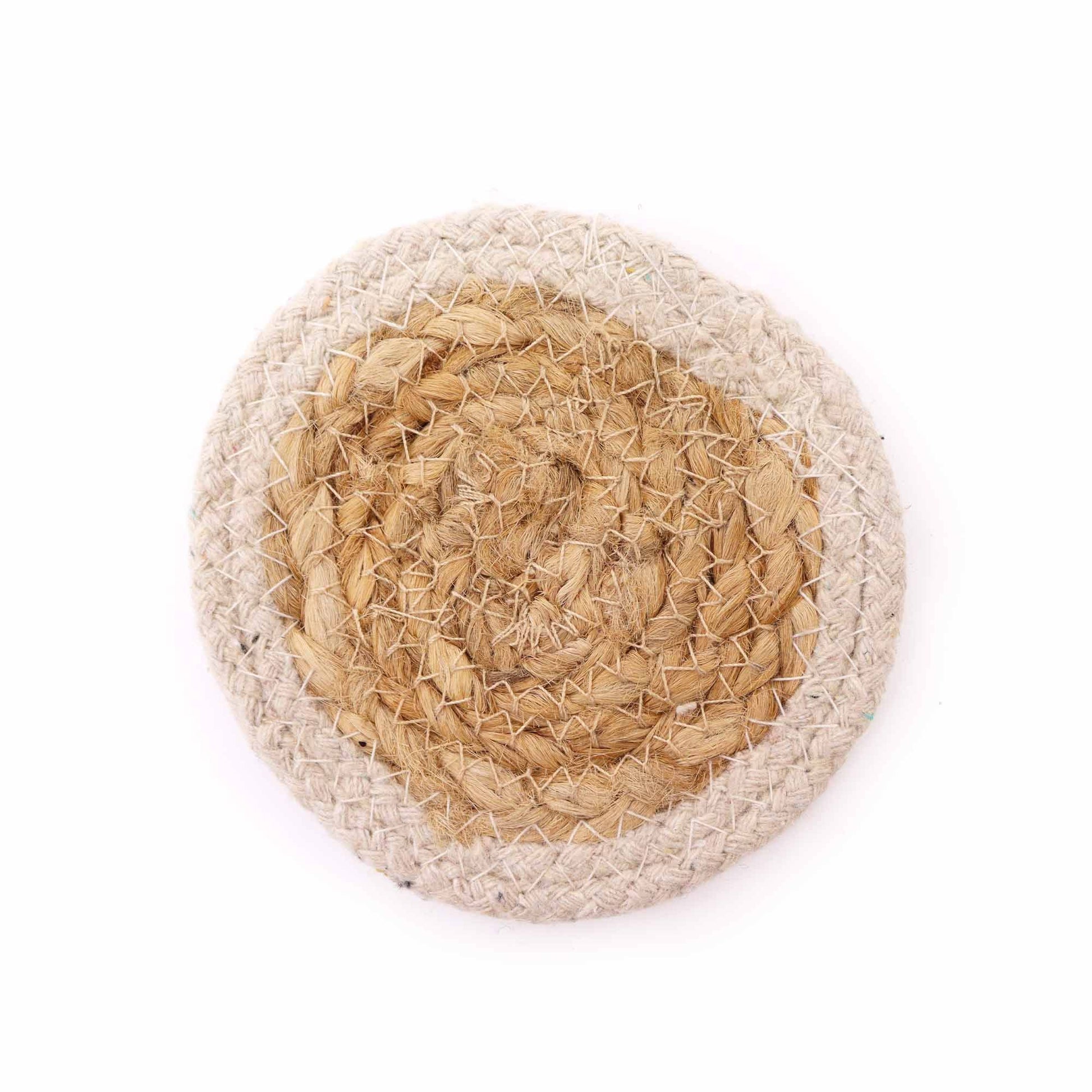 Round jute and cotton coaster with an ivory border.
