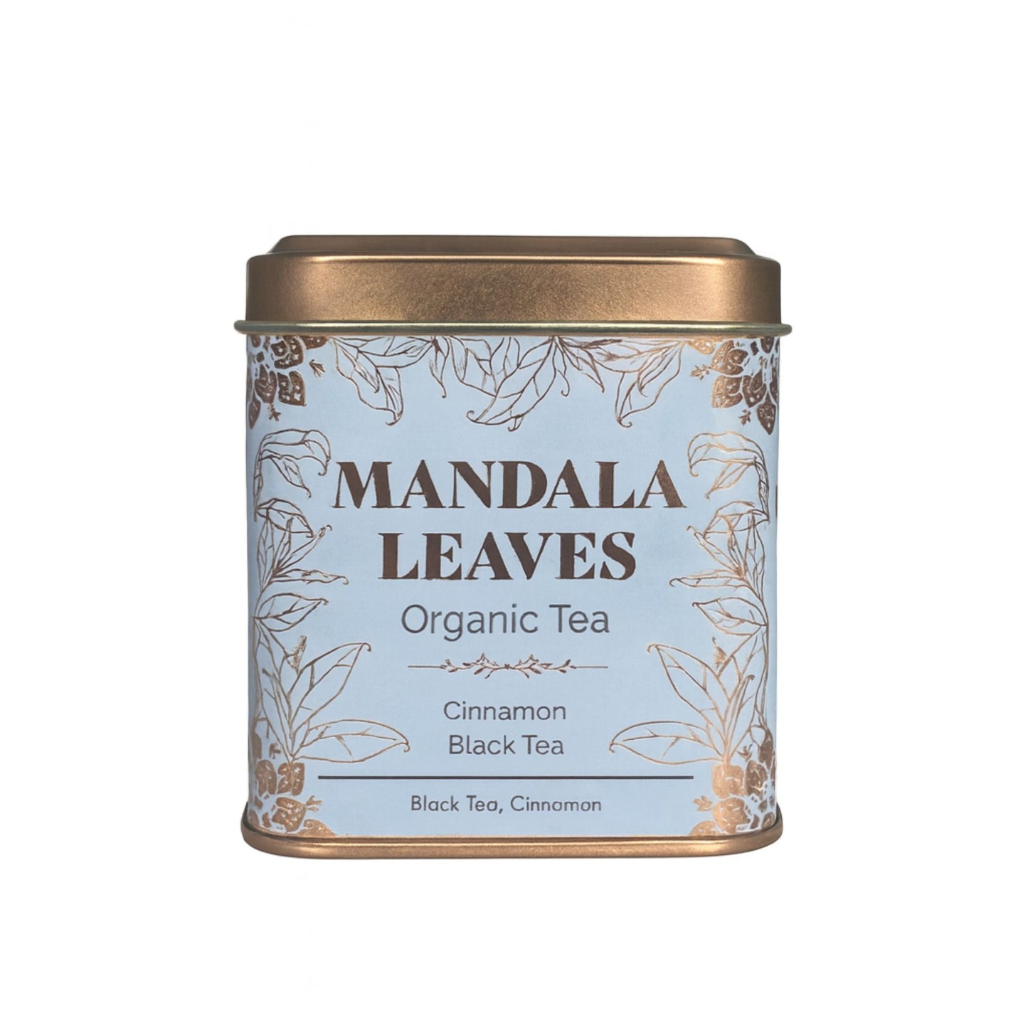 A light blue tin of Mandala Leaves Organic Cinnamon Black Tea with gold leaf accents.