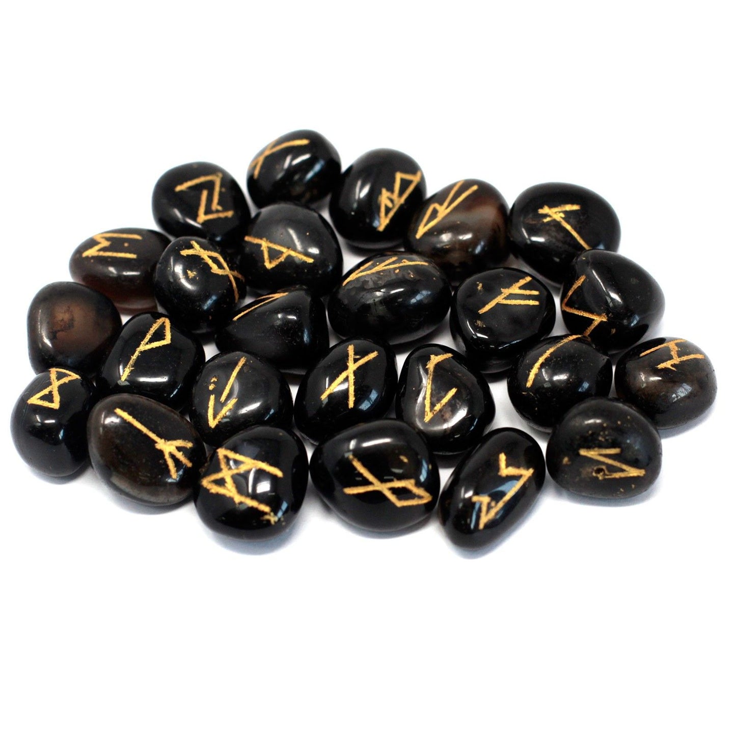 Black onyx rune stones with gold symbols on a white background.