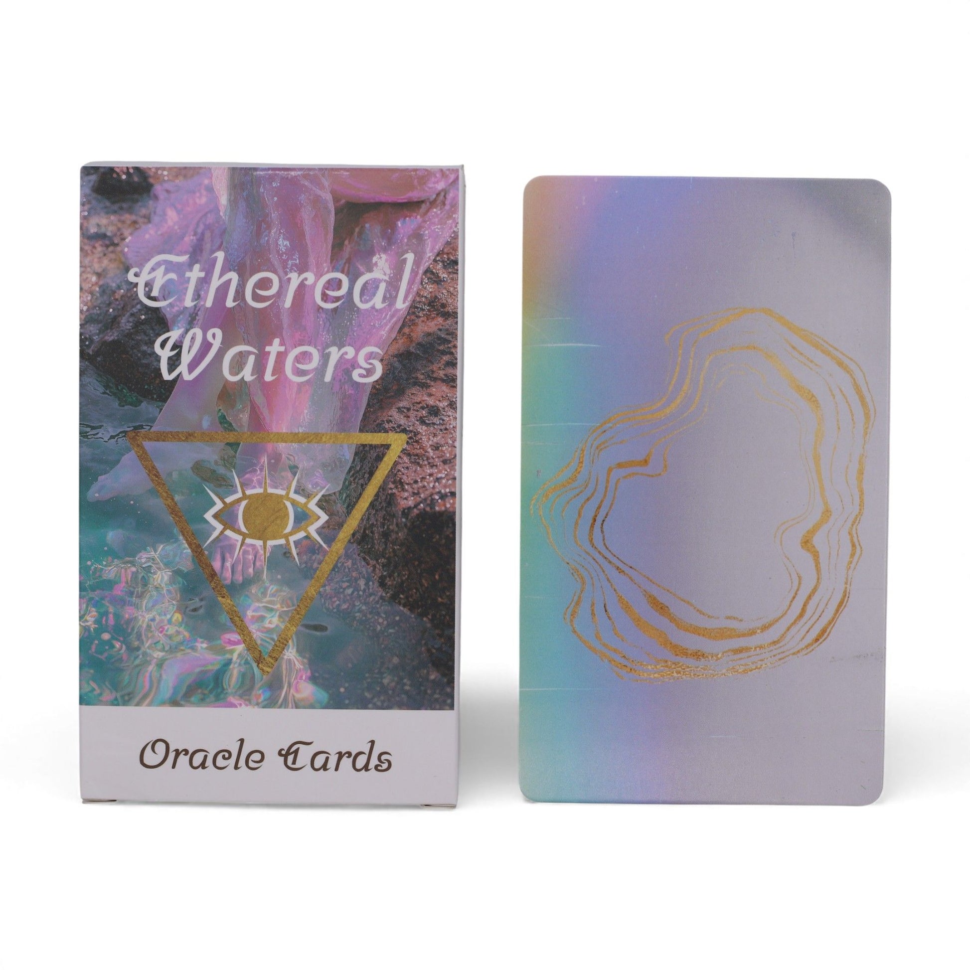 Ethereal Waters Orakelkarten mit einem Auge-Symbol und einem Wellenmuster.
