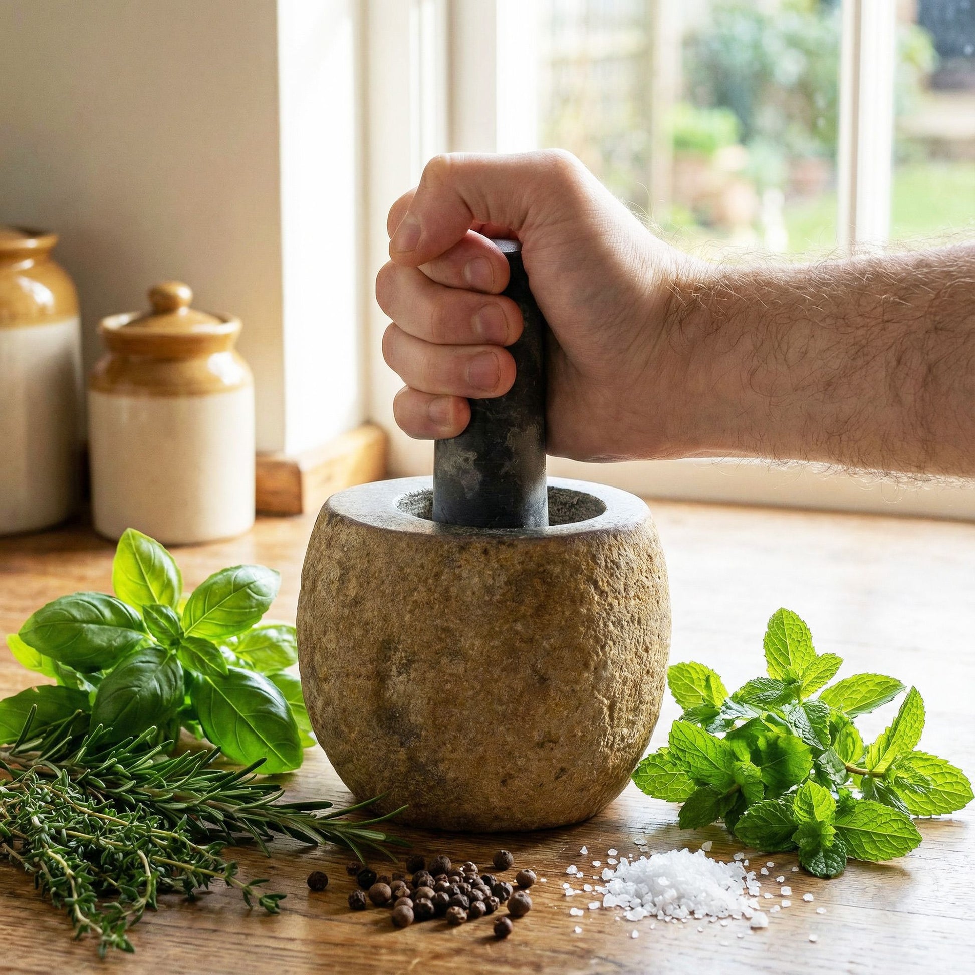 Handgefertigter kleiner Mörser mit Stößel aus Naturstein mit Kräutern und Gewürzen.