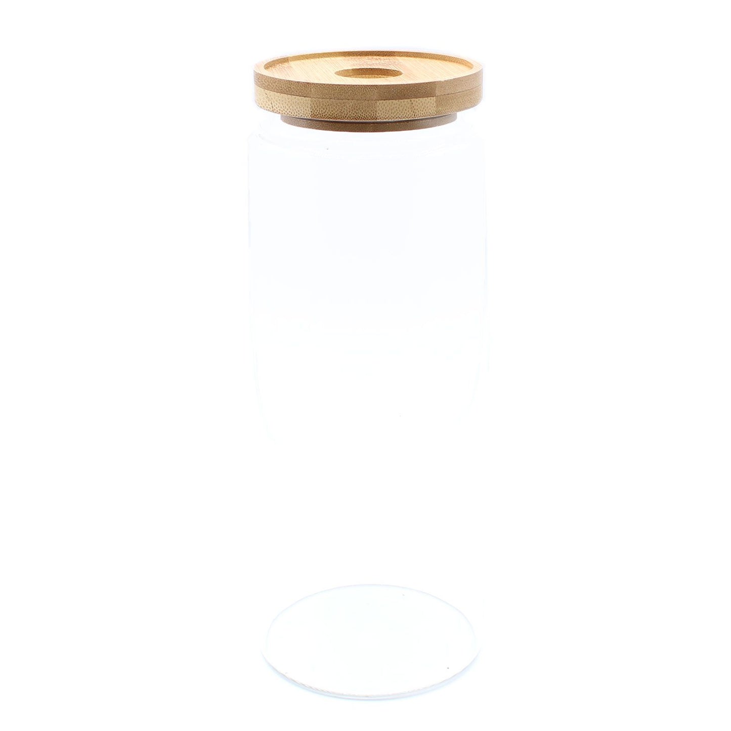 Vorratsglas aus Glas mit rundem Bambusdeckel.