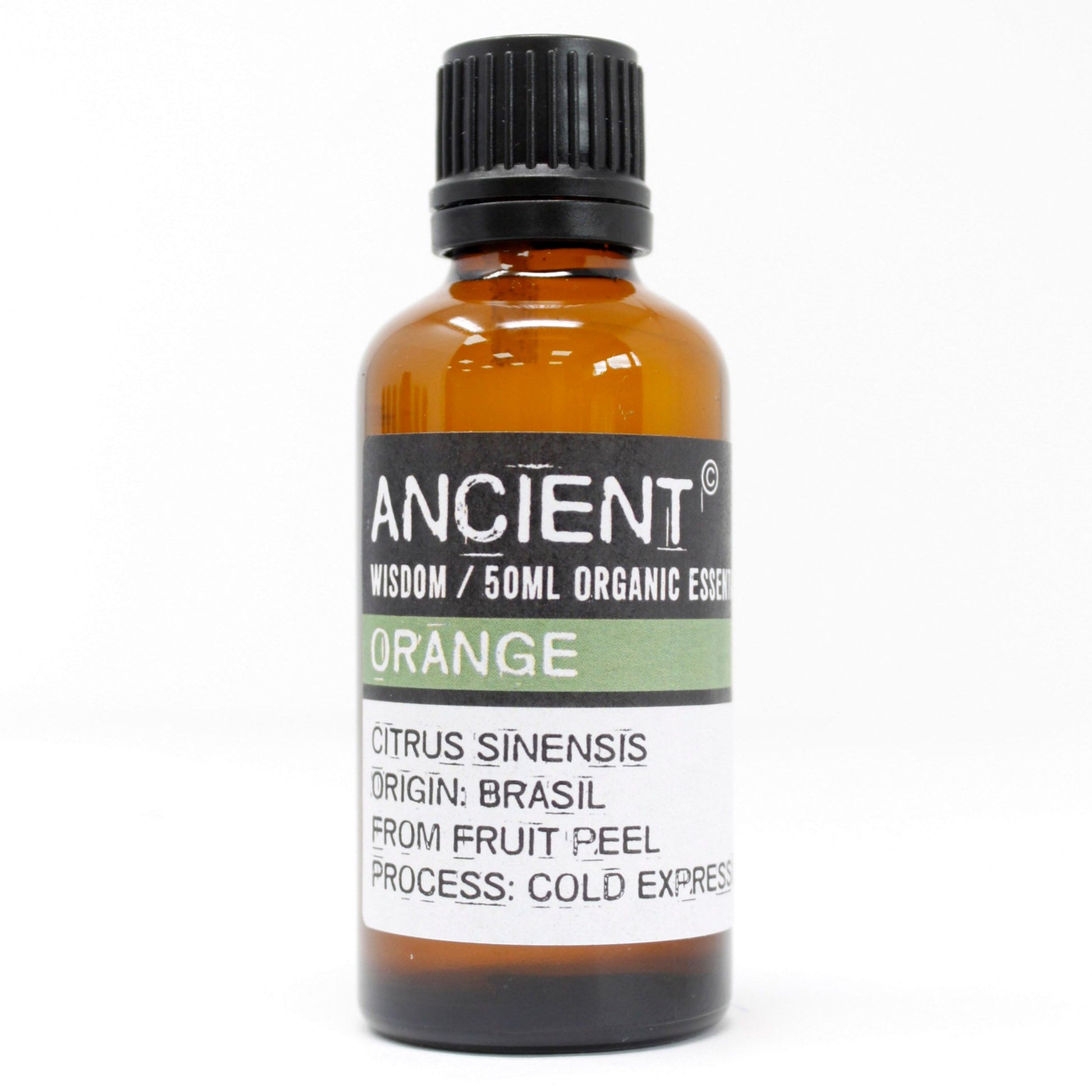 Amber glass bottle of Ancient Wisdom Orange essential oil.