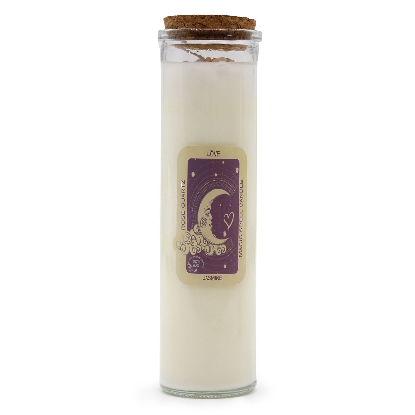 Ritualkerze mit Mondmotiv, Schriftzug "Love" und Duftnote Jasmin.
