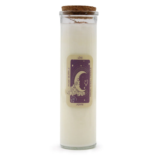 Ritualkerze mit Mondmotiv, Schriftzug "Love" und Duftnote Jasmin.