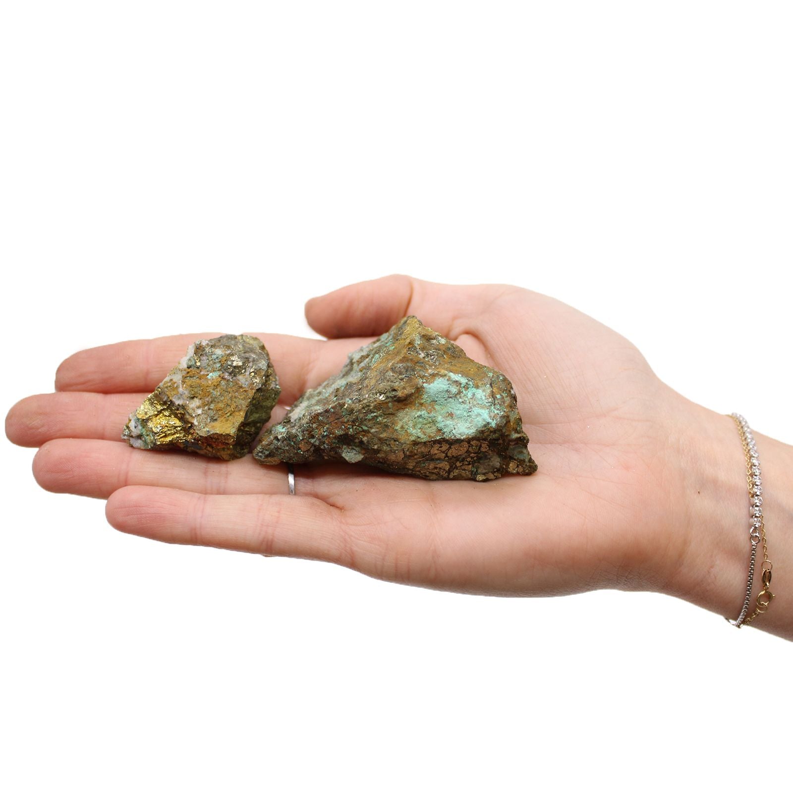 Hand hält zwei rohe Chalkopyrit-Steine mit goldenem Glanz und grünen Verfärbungen.