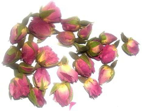 Getrocknete rosa Rosenknospen auf weißem Hintergrund