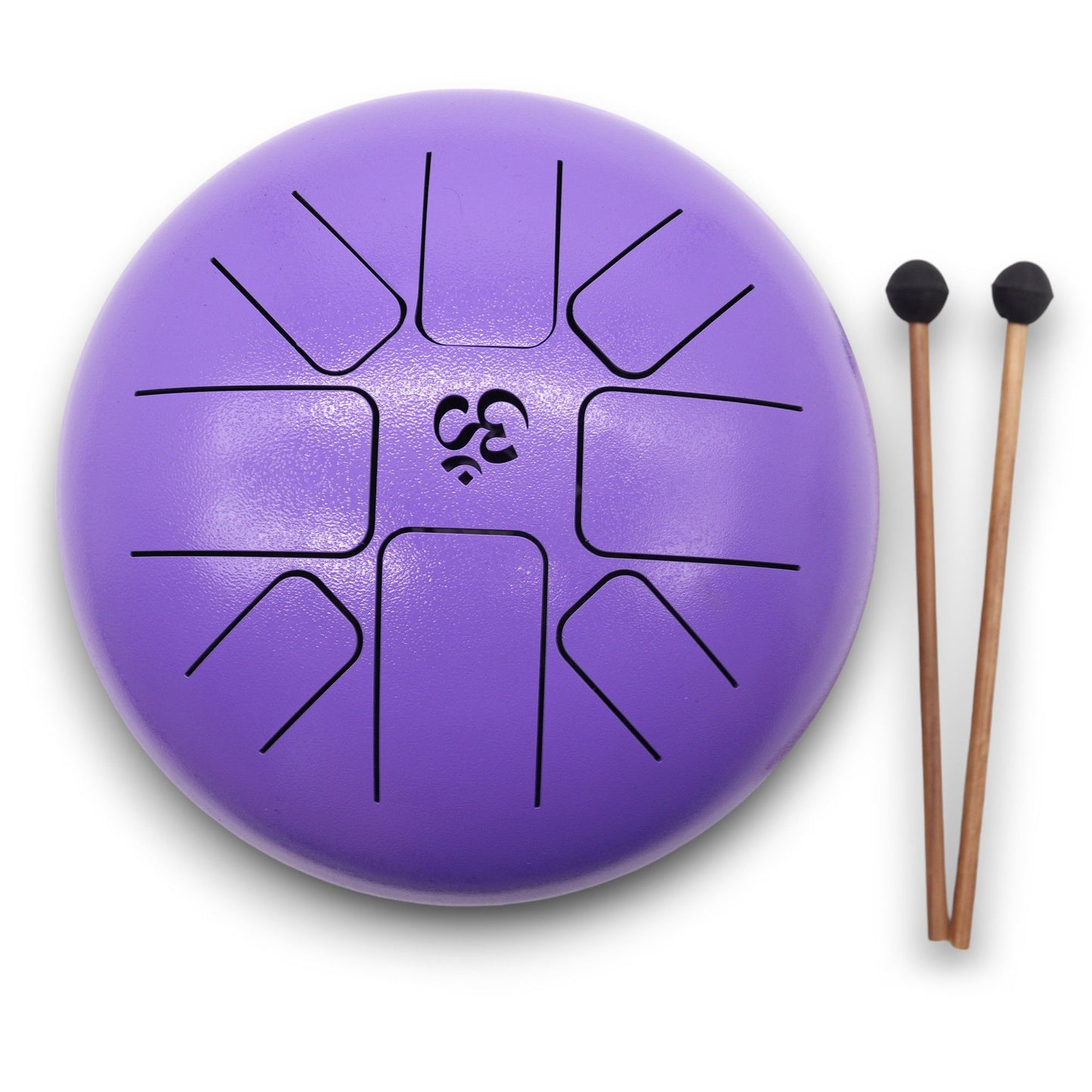 Violette Stahlzungentrommel mit Om-Symbol und zwei Schlägeln.