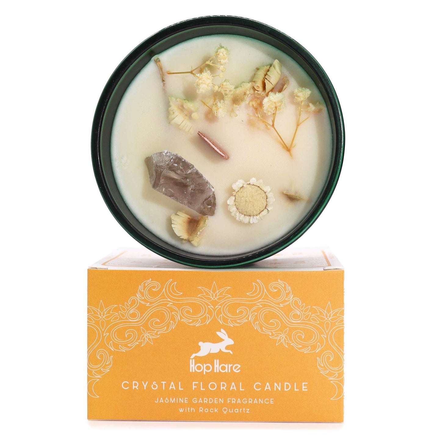 Kristallkerze aus Sojawachs mit Jasmin und Rauchquarz in einem grünen Glas.