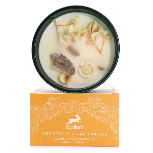 Kristallkerze aus Sojawachs mit Jasmin und Rauchquarz in einem grünen Glas.
