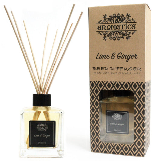 200ml Raumduft Lime & Ginger mit Rattanstäbchen in Glasflasche.