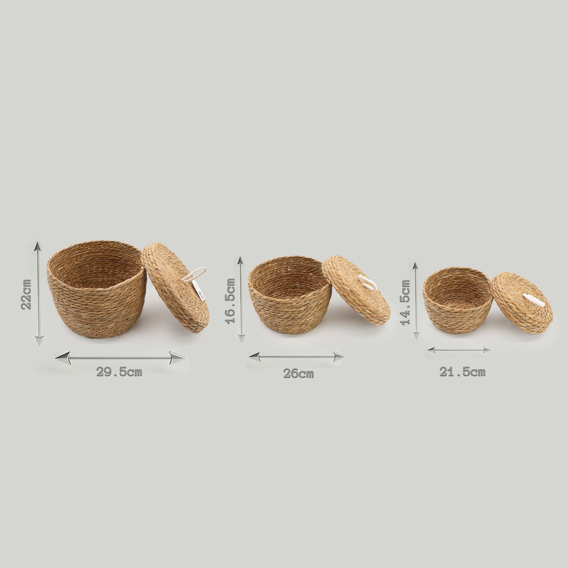 Set of 3 round natural seagrass baskets with lids and dimensions shown.